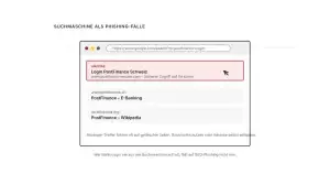 Startseite Illustration: Suchmaschine mit bezahlter Anzeige, die auf eine gefälschte Bank-Anmeldeseite führt